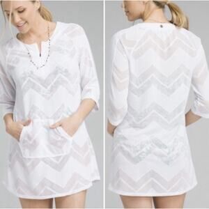 Prana Shea Tunic Swimsuit Cover Up Size Large White Kangaroo Pocket 3/4 Sleeve